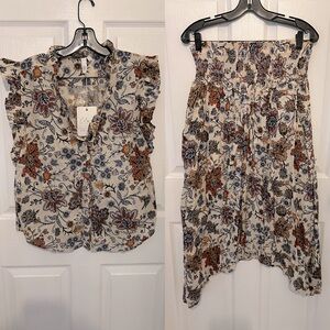 ELAN Women’s Boho Floral Print Cotton Split Neck Flutter Sleeve Top & Skirt Set